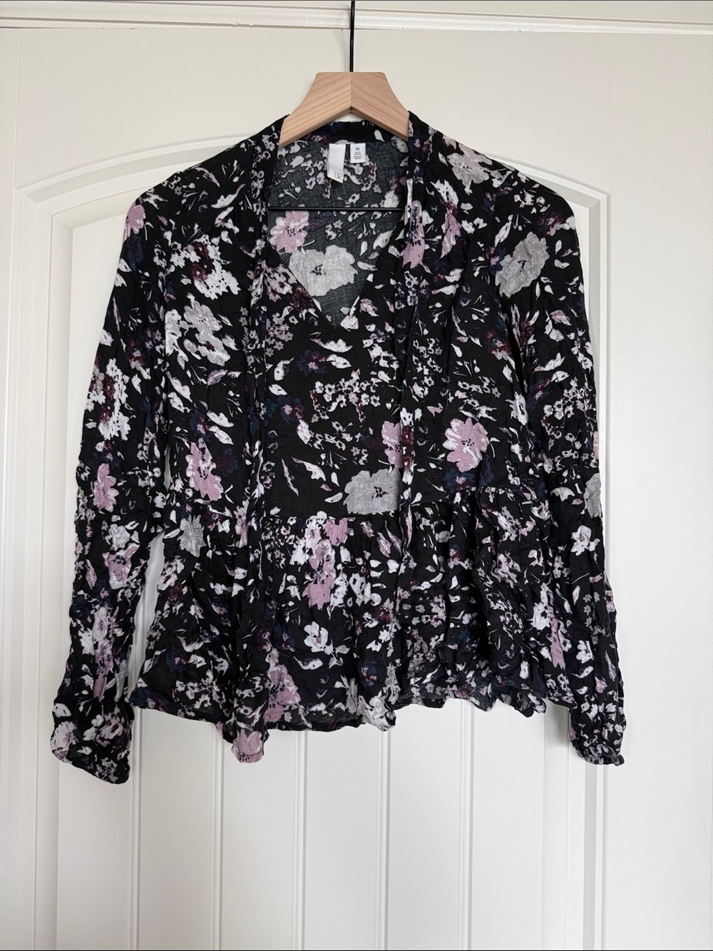 Nordstrom Black Floral Blouse with Pink & White Flowers
